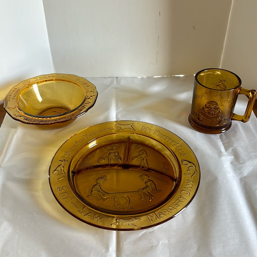 Vintage Tiara R.S. glass amber color children’s nursery rhyme plate/mug/bowl set